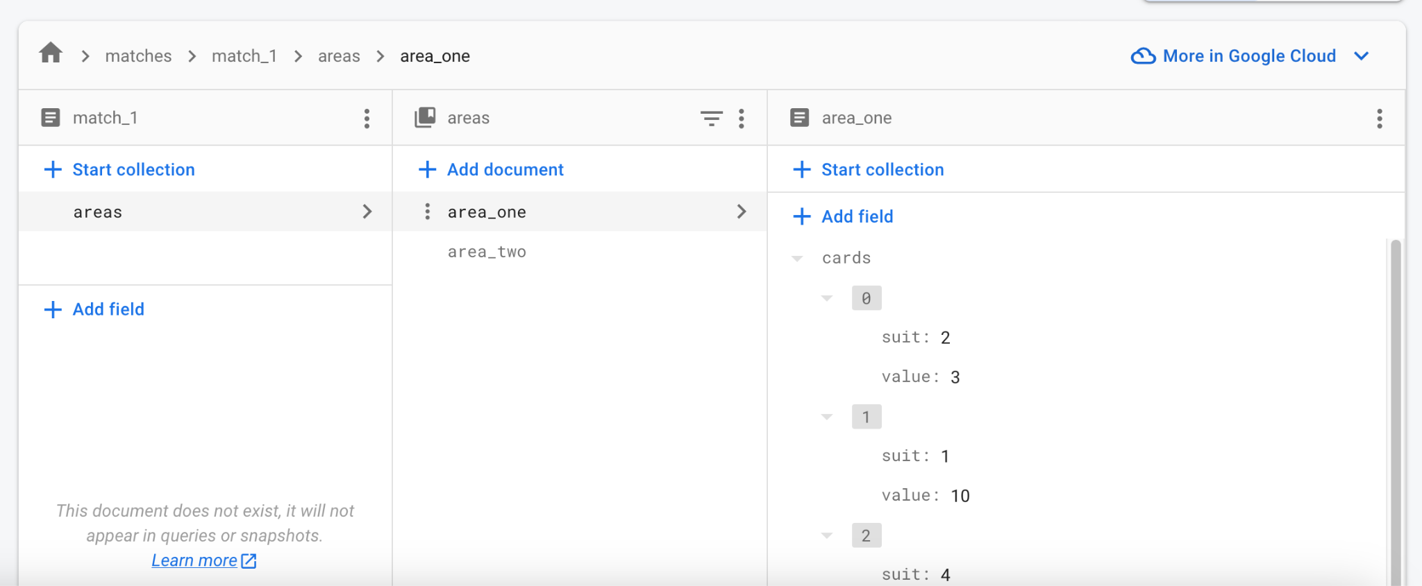 Screenshot of the Firebase Firestore data view