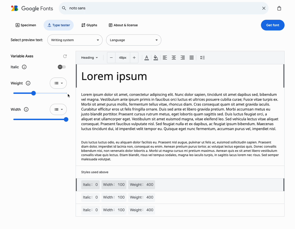 Demonstration of varying aspects for Noto Sans with Lorem ipsum text