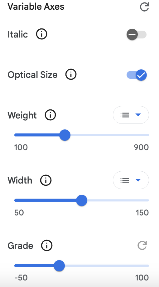 Listing of available font axes for Roboto Serif