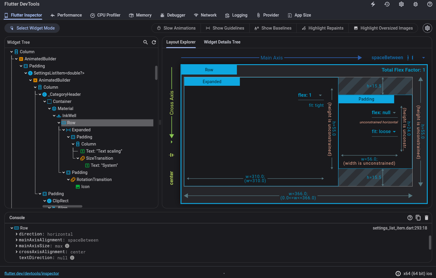 Screenshot of the Flutter inspector window